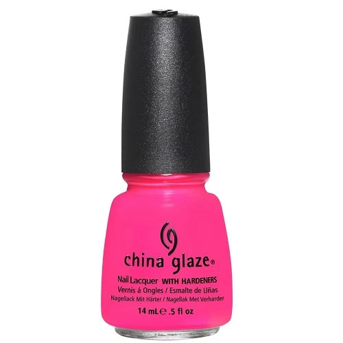 China Glaze neon coral pink nail polish bottle with black cap.