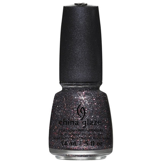 China Glaze nail polish bottle with dark multi-color glittery finish on a white background