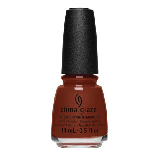 China Glaze brown red nail polish bottle with a black cap on a white background
