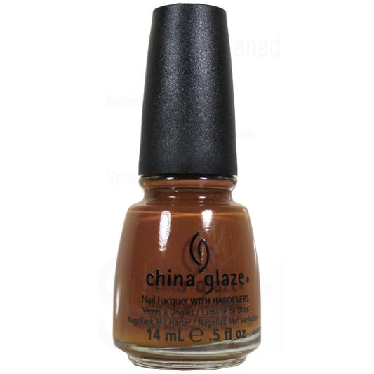 China Glaze warm brown nail polish bottle with black cap.