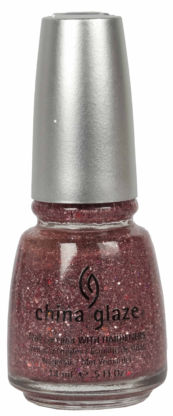 China Glaze nail polish bottle with pink glitter and silver cap on a white background