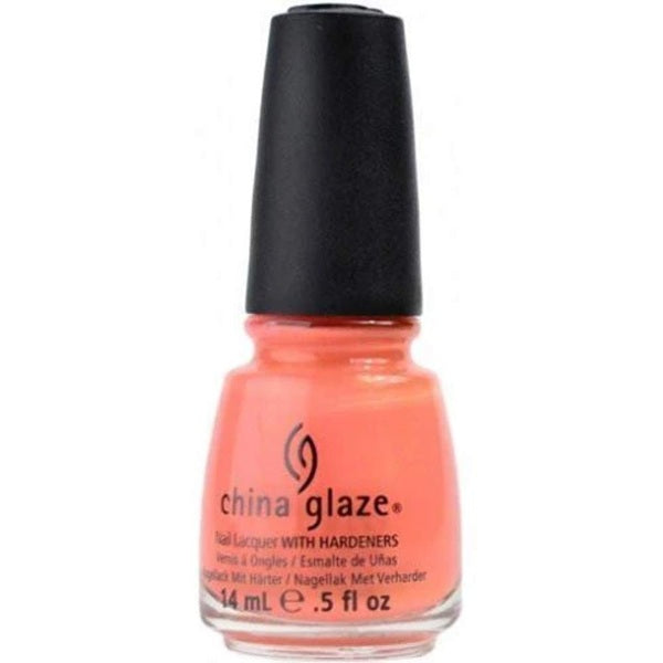China Glaze coral peach nail polish bottle with a black cap on a white background