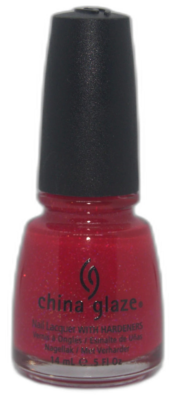 China Glaze nail polish bottle in translucent red color with multi-color glitter, and a black cap.