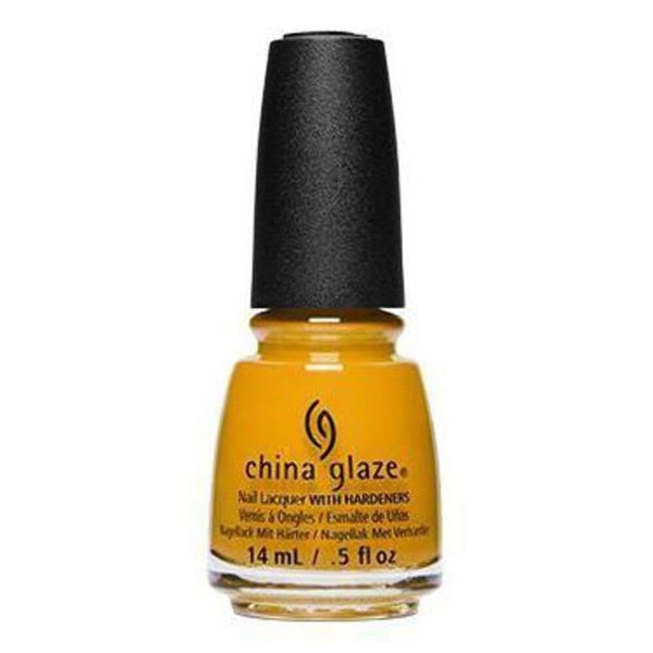 China Glaze yellow nail polish bottle with a black cap on a white background