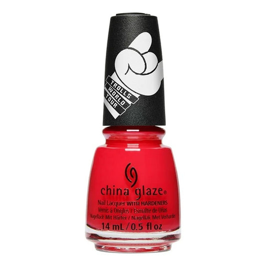 China Glaze bright red nail polish bottle with black cap on a white background