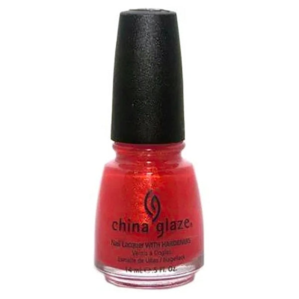 China Glaze bright coral red shimmer nail polish bottle with black cap.