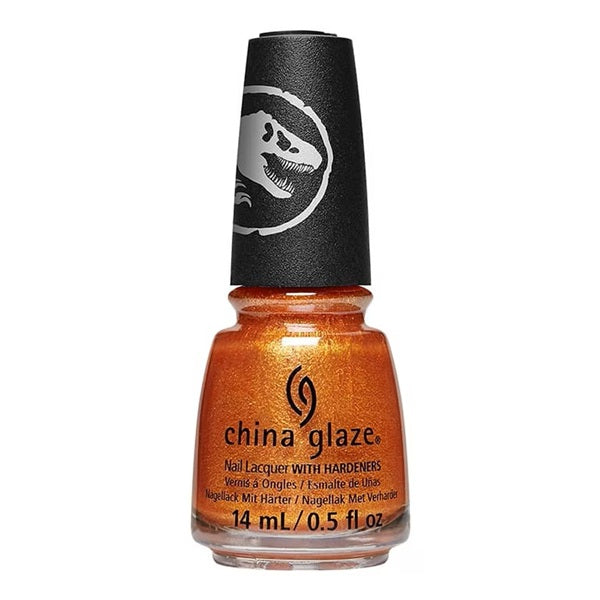 China Glaze orange shimmer nail polish bottle with decorated black and white cap.