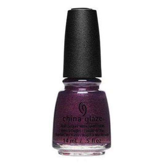 China Glaze purple shimmer nail polish bottle with black cap on a white background