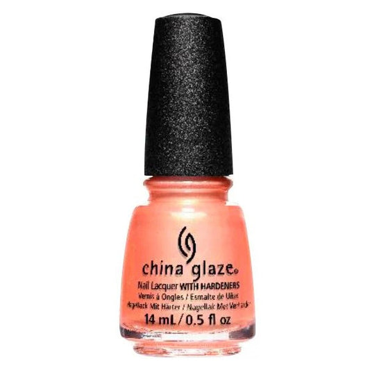 China Glaze peach shimmer nail polish bottle with black cap on a white background