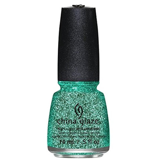 China Glaze nail polish bottle with glittery green color on a white background