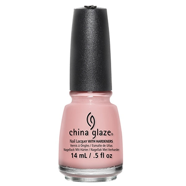 China Glaze nail polish bottle with pink polish and black cap on a white background
