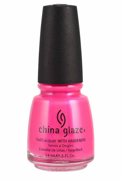 China Glaze neon pink nail polish bottle with black cap on a white background