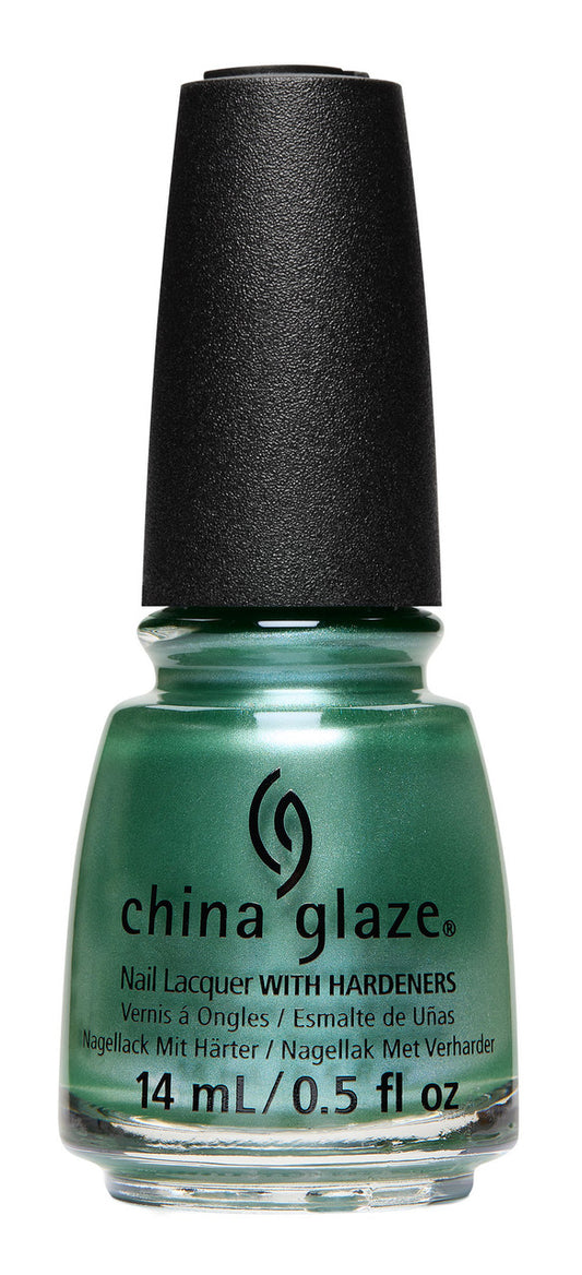 China Glaze green shimmer nail polish bottle with black cap on a white background