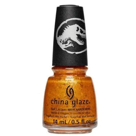 China Glaze bronze orange gold nail polish bottle with a dinosaur design on the cap against a white background