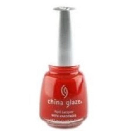A bottle of China Glaze nail polish in red color with a silver cap.