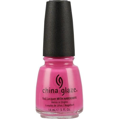 A bottle of China Glaze nail polish in a bright hot pink color, with a black cap and the brand logo visible on the front.