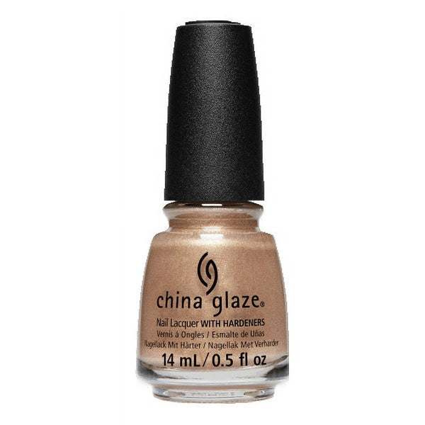 A bottle of China Glaze nail polish in a warm champagne gold shade, featuring a black cap and clear glass bottle on a white background.