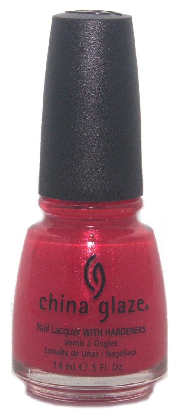 China Glaze nail polish bottle with red polish and black cap on a white background
