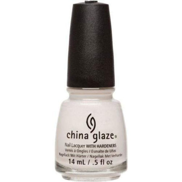 A bottle of China Glaze nail polish with a black cap and a light off-white/cream lacquer visible through the clear glass, on a white background.