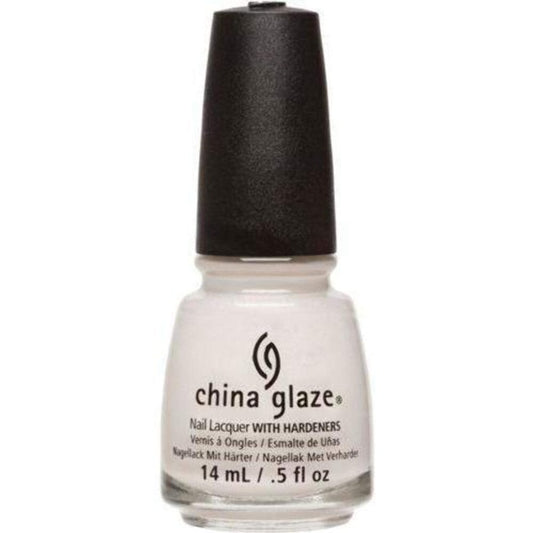 A bottle of China Glaze nail polish with a black cap and a light off-white/cream lacquer visible through the clear glass, on a white background.