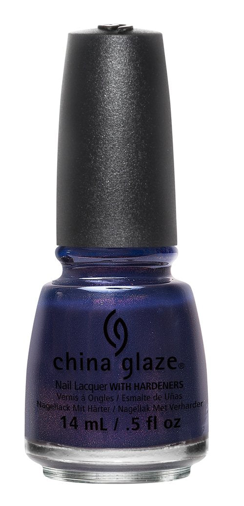 China Glaze nail polish bottle with blue polish and black cap on a white background