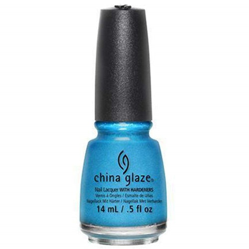 A bottle of China Glaze nail polish in a shade of aqua blue with a silver shimmer, with a black cap.