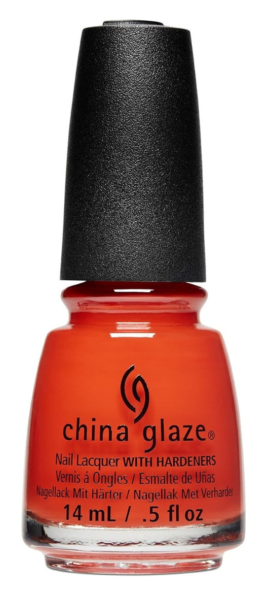 China Glaze orange nail polish bottle with black cap on a white background
