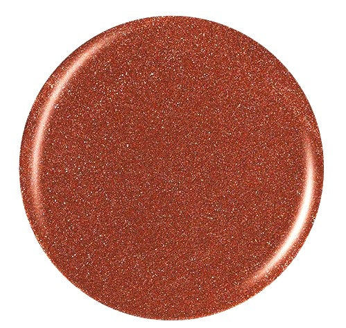 Round metallic coppery bronze shimmer nail polish swatch on a white background