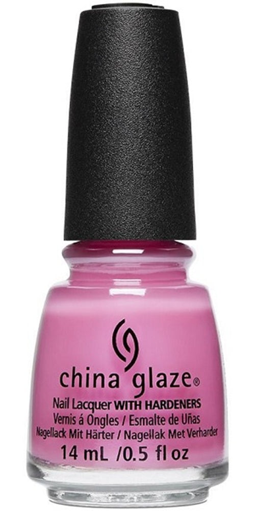 A bottle of China Glaze nail polish in a bright pink shade,  black cap and clear glass bottle with product details printed on the front.