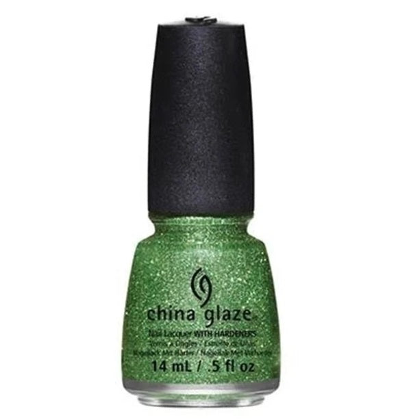 China Glaze light green and gold micro-glitter nail polish bottle with a black cap.