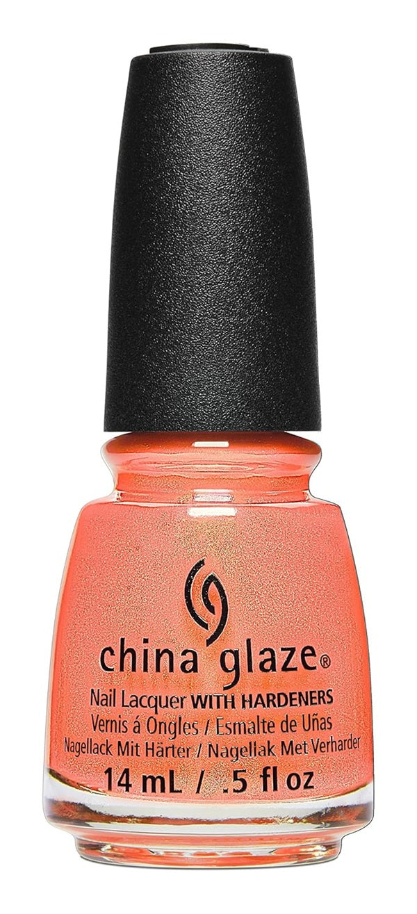China Glaze orange shimmer nail polish bottle with black cap on a white background
