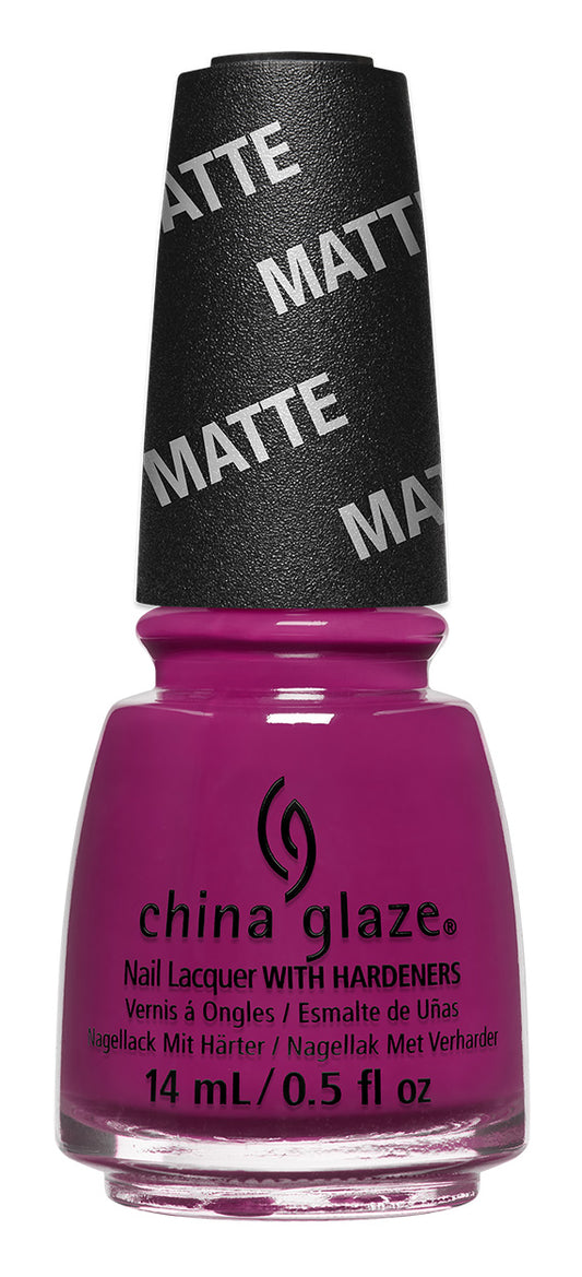 A bottle of China Glaze nail lacquer in a vibrant magenta-purple shade, featuring a black matte-finish cap with white 'MATTE' text and white background.