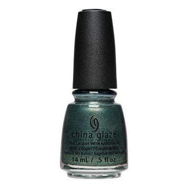 China Glaze green/gray shimmer nail polish bottle with black cap on a white background