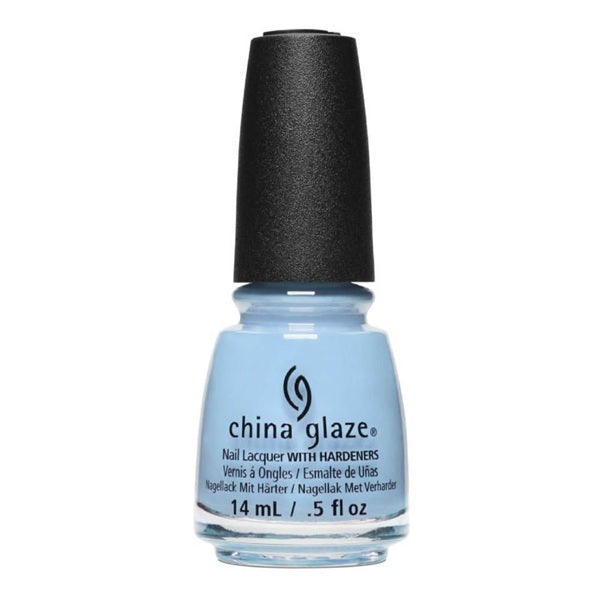 China Glaze light blue nail polish bottle with black cap on a white background