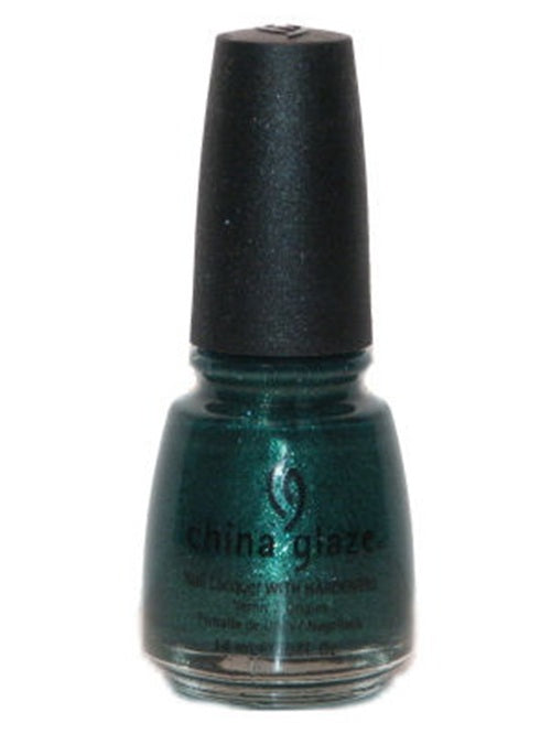 A bottle of China Glaze nail polish in a shimmering deep green shade with a black cap, shown against a plain white background.