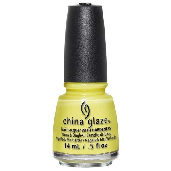 Yellow nail polish bottle with black cap on a white background
