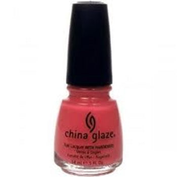 A bottle of China Glaze nail polish in a vibrant coral pink shade, featuring a black cap and a clear glass bottle with the brand name printed on the front.