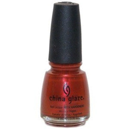 A bottle of China Glaze nail polish with a black cap, showing a shimmering red polish inside a clear glass bottle against a white background.