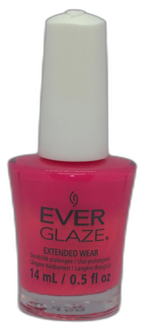 A bottle of Ever Glaze Extended Wear nail polish in a bright hot pink shade, with a white cap.