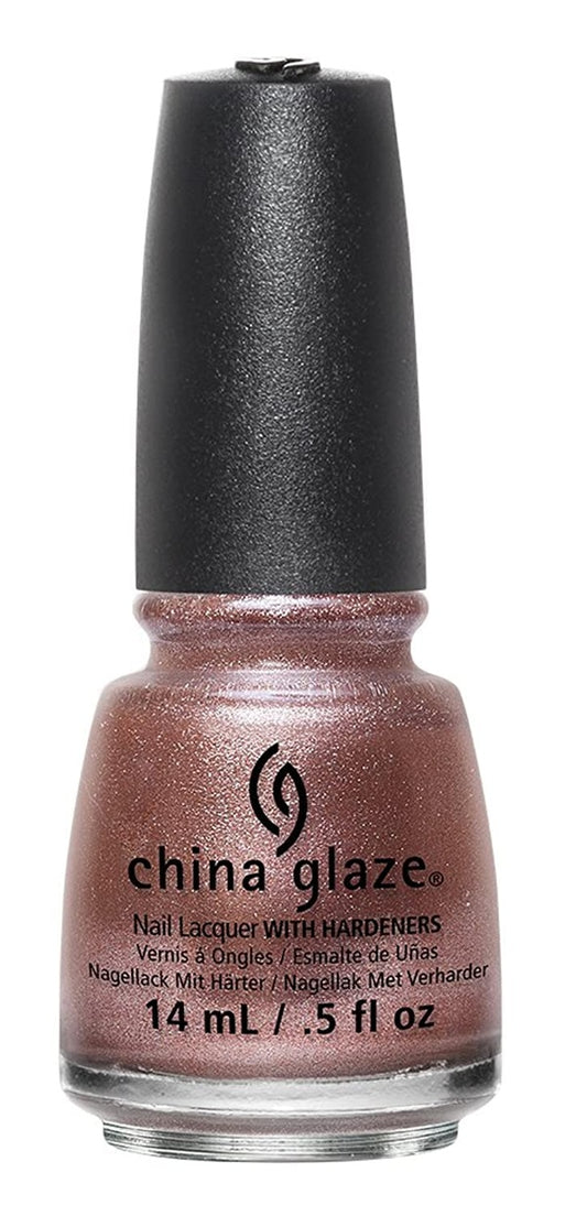 China Glaze nail polish bottle with metallic pink color and black cap on a white background