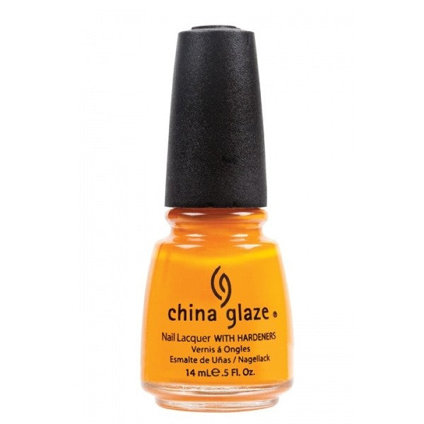 China Glaze orange nail polish bottle with black cap on a white background