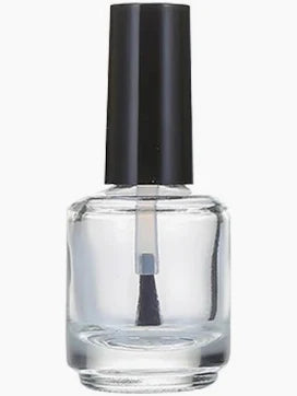 A clear nail polish bottle with a black cap and brush, shown against a plain white background.