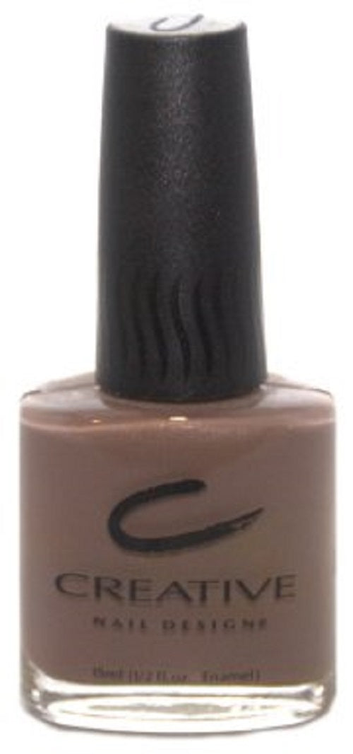 A bottle of Creative Nail Design nail polish in a light to medium taupe brown color with a shimmer finish.