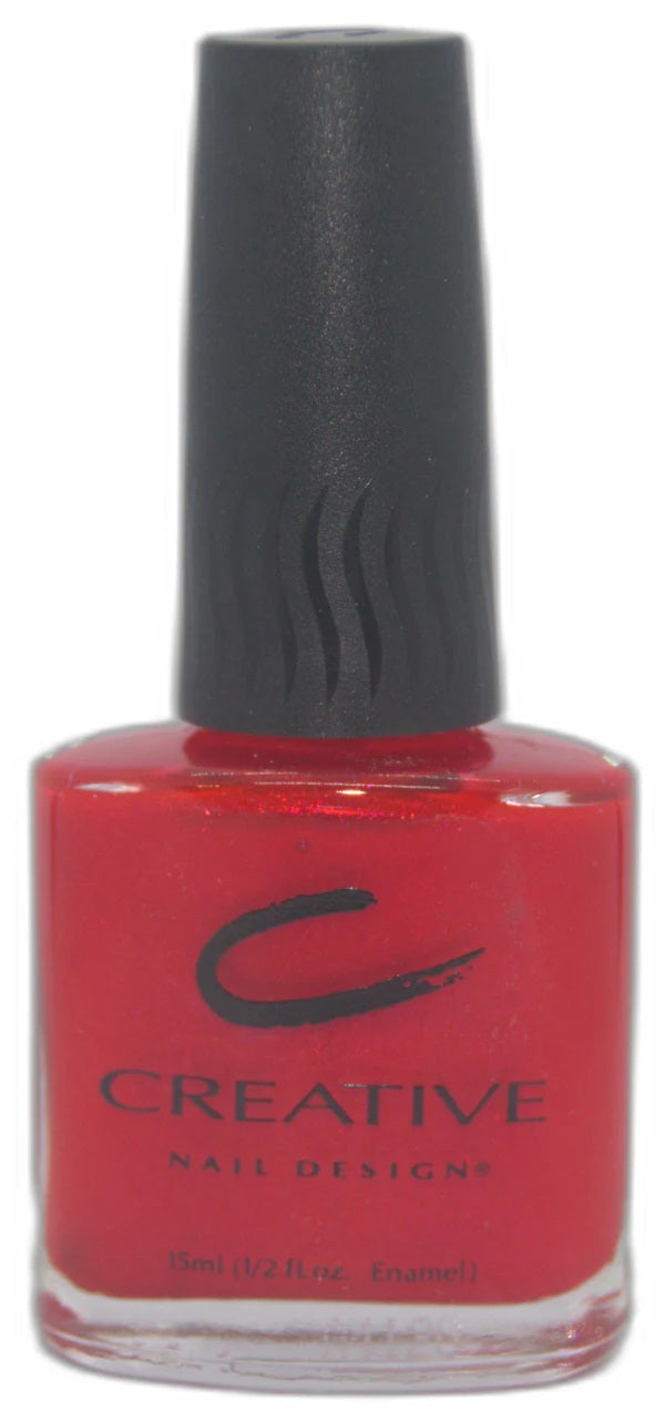 CND red nail polish bottle with black cap on a white background