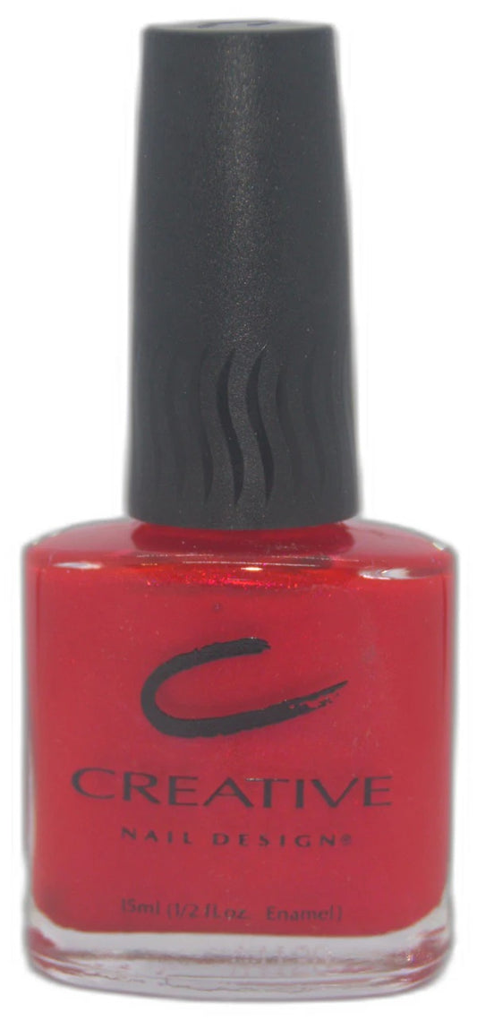 CND red nail polish bottle with black cap on a white background