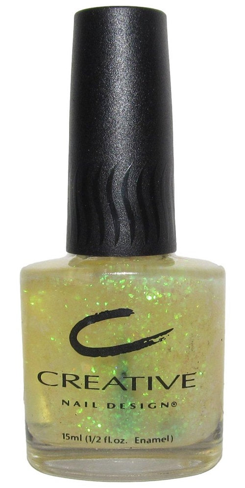 A bottle of Creative Nail Design nail polish in the color 'Limelight 373', featuring a glitter topper with iridescent blue to green color shifting flake particles in a sheer, yellow-tinted base.