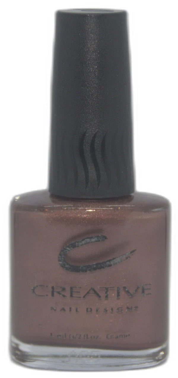 Brown nail polish bottle with black cap and visible brand logo on a white background