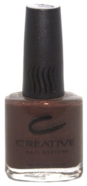 A bottle of Creative Nail Design nail polish in a taupe brown color with subtle bronze shimmer.