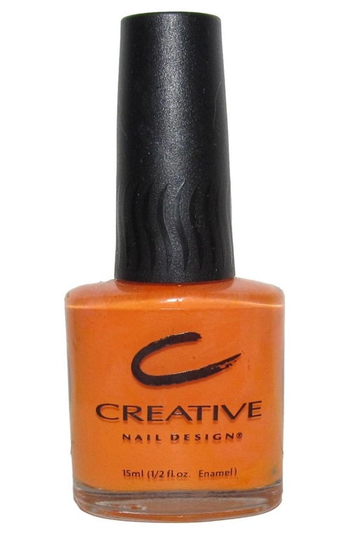 A bottle of Creative Nail Design nail polish in Hot Pop Orange color with a black cap.