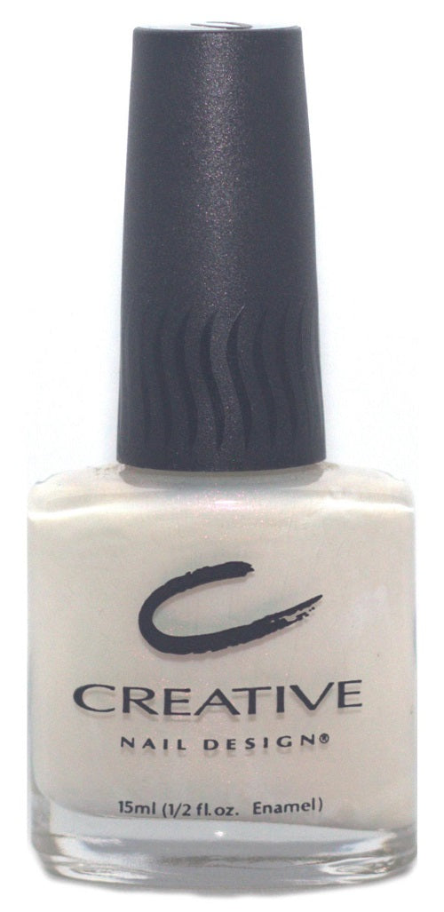 A bottle of Creative Nail Design nail polish in white color with opalescent pink shimmer.